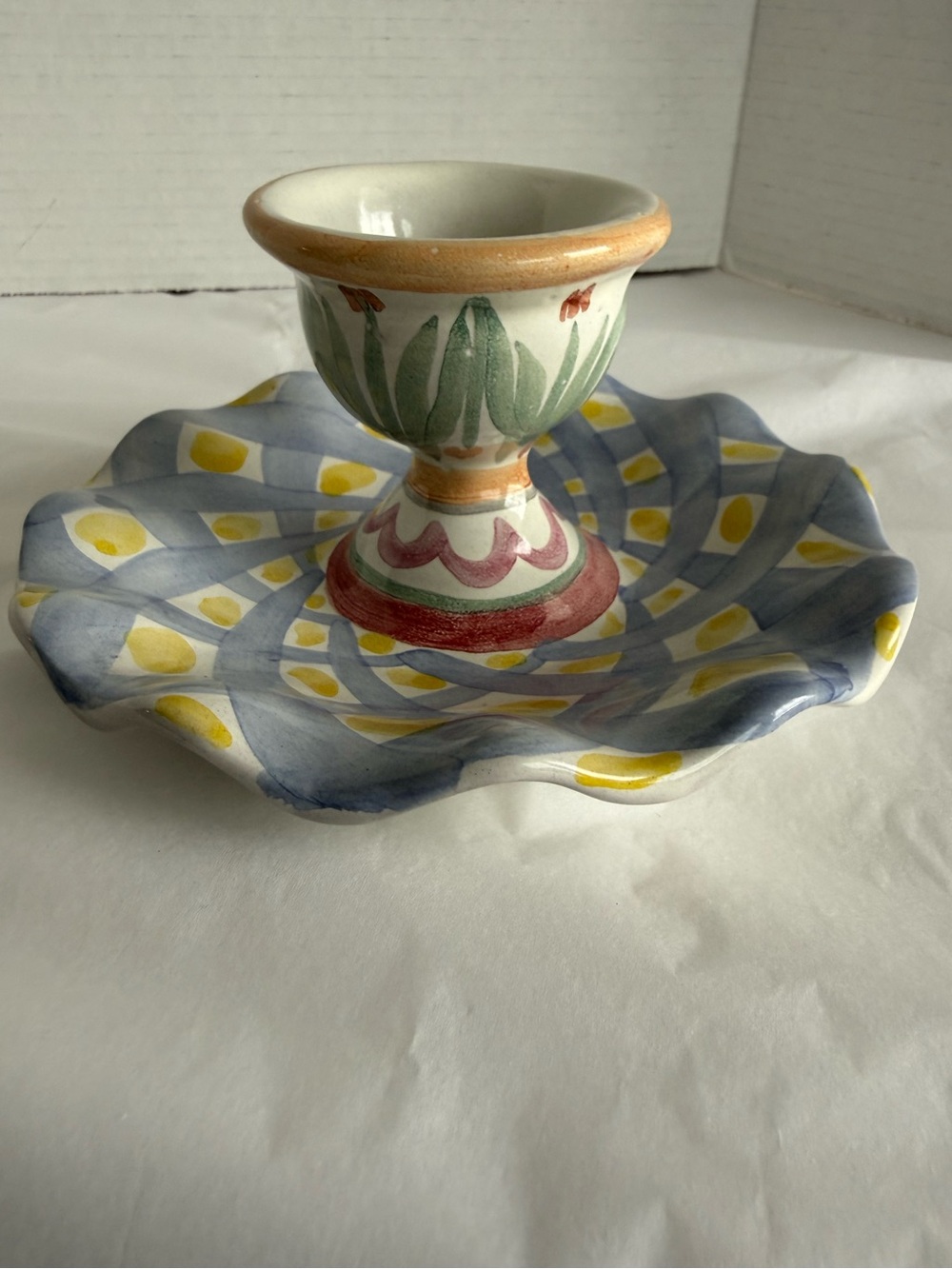 VTG MacKenzie-Childs "Aalsmeer" Art Pottery Ruffled Egg Cup Saucer Rare Retired